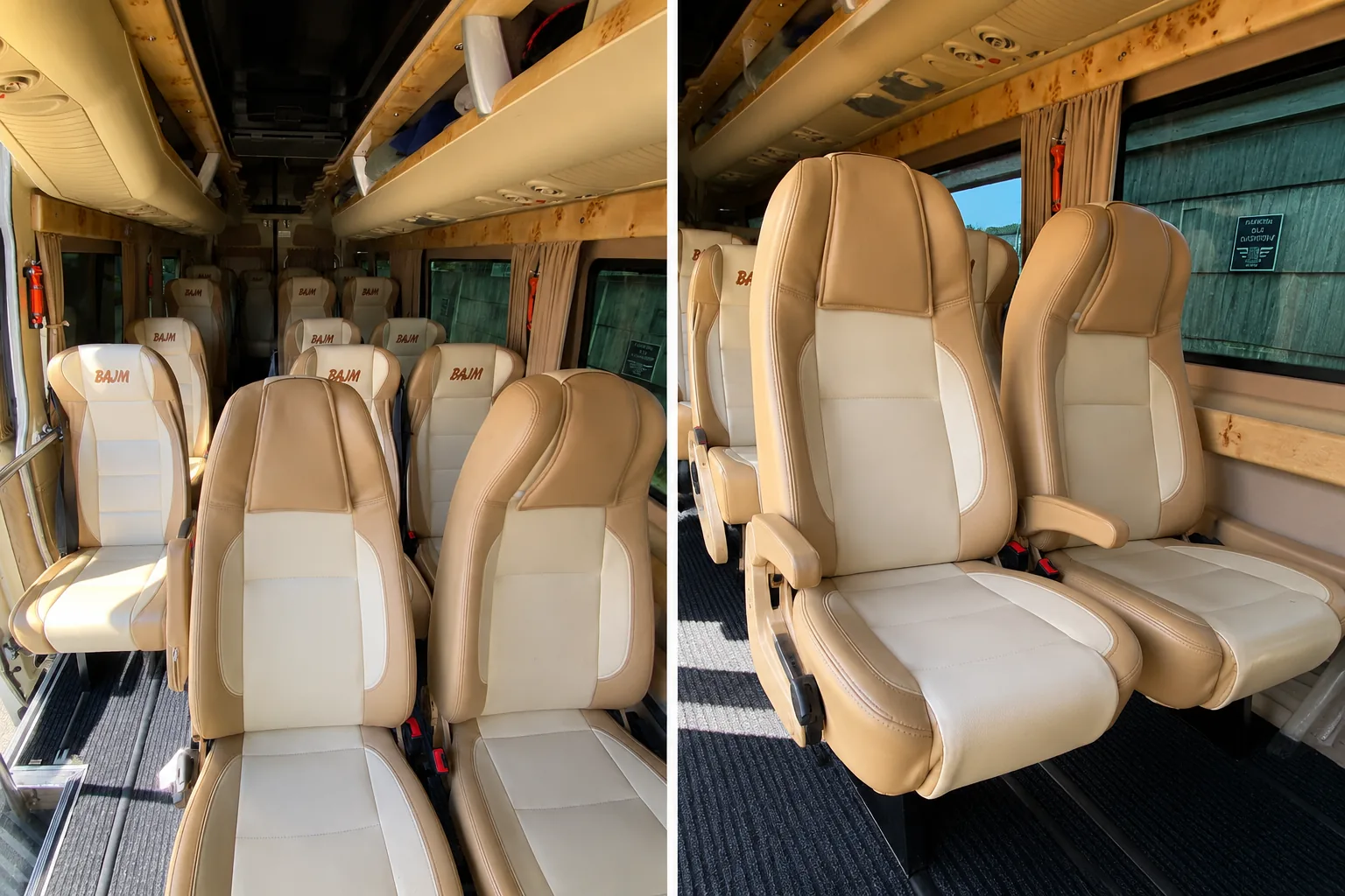 Wnętrze Mercedesa Sprintera VIP — beżowe skórzane fotele z podłokietnikami, wykończenie w drewnie, wynajem busa z kierowcą Lublin